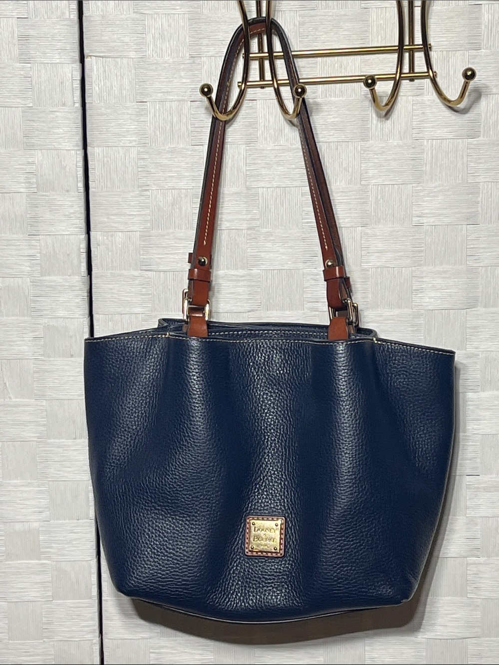 Dooney & Bourke Navy Pebble Leather Tote with Brown Straps